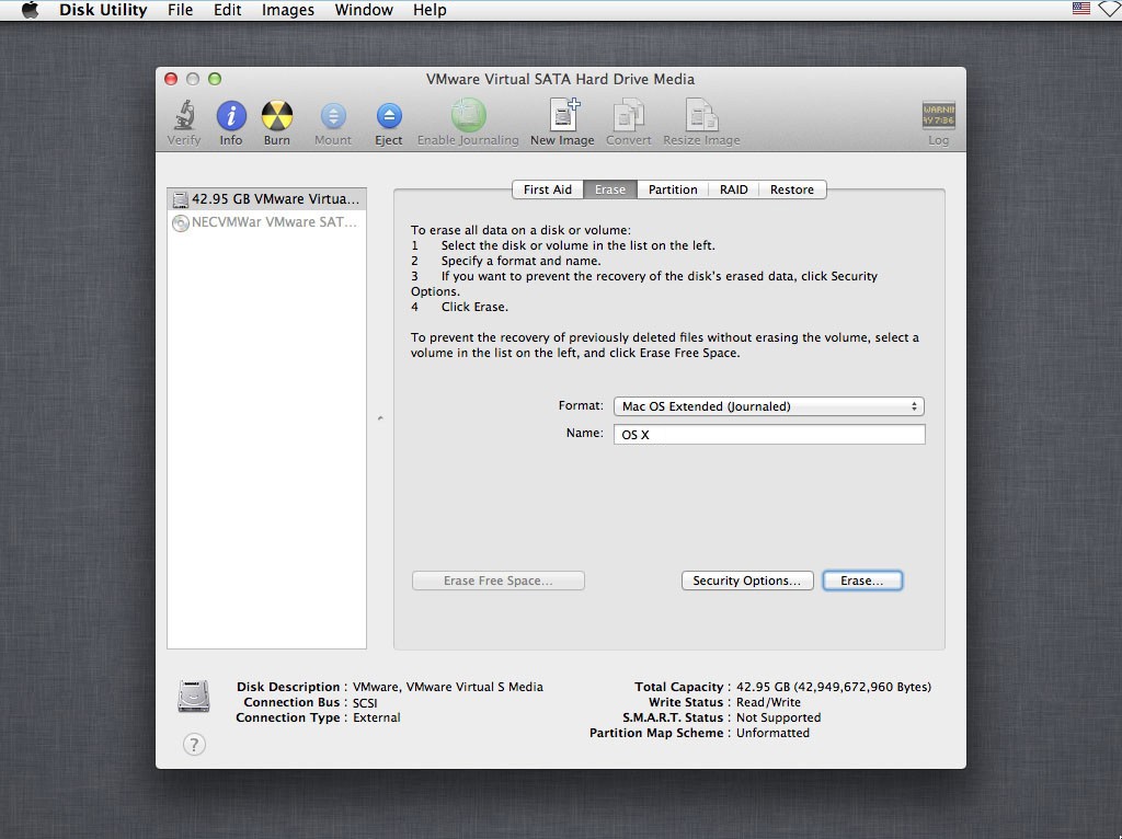 vmware install mac os x